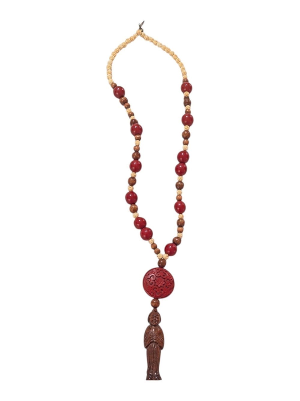 Vintage Rosewood Beads With Japanese Hand Carved Natsuke Figurine